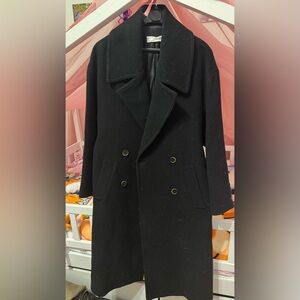 Mango Black Double-Breasted Wool Pea Coat with Buttons